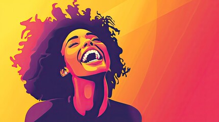 A fun and colorful flat vector style illustration of a woman laughing heartily, her expression full of joy and her pose dynamic.