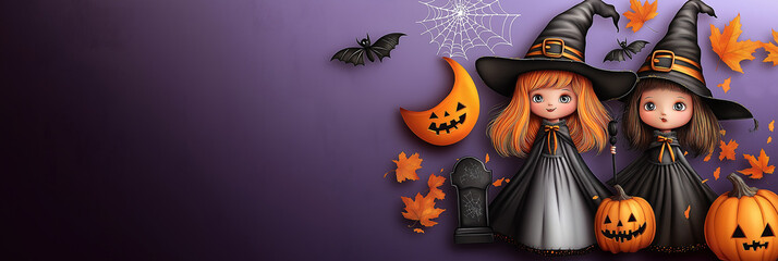 banner of halloween festival : cute witch ,witch hat,witch's wand,witch castle, orange moon ,maple l