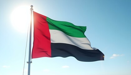 United Arab Emirates national flag waving in sunny sky. UAE national flag for independence day.  UAE Flag, Flag background 