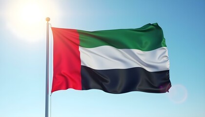 United Arab Emirates national flag waving in sunny sky. UAE national flag for independence day.  UAE Flag, Flag background 