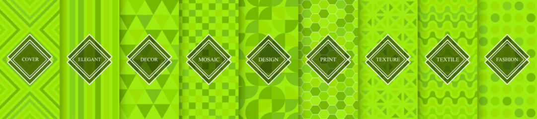 Wall Mural - Collection of seamless vibrant geometric patterns. Green mosaic tile endless textures. Abstract unusual bright backgrounds. Minimalistic modern prints