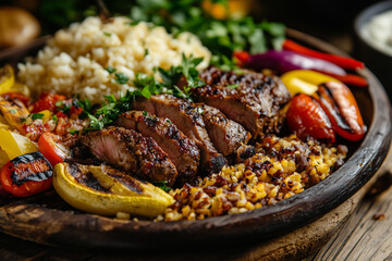 delicious meat and grilled vegetable dinner meal, well spiced close focus