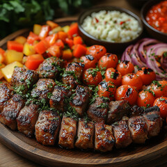 delicious meat and grilled vegetable dinner meal, well spiced close focus