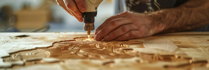 Wall Mural - Precision Craftsmanship: A skilled artist uses a laser engraver to etch delicate designs into a wooden surface.