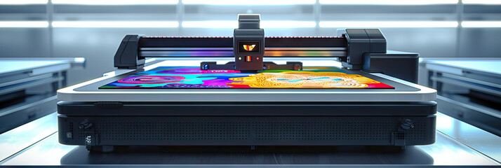 Wall Mural - A futuristic laser printer, showcasing its capabilities with a display of colorful, intricate prints.