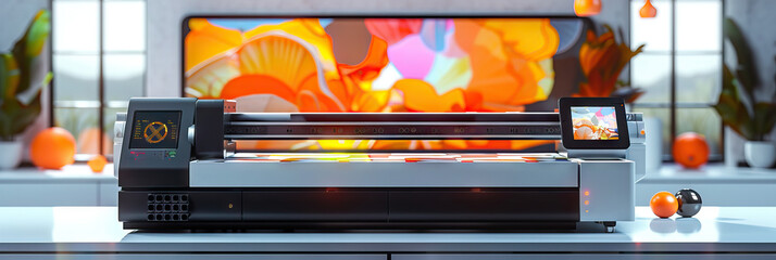 Wall Mural - A futuristic laser printer, showcasing its capabilities with a display of colorful, intricate prints.