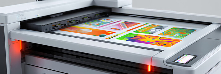 Wall Mural - A futuristic laser printer, showcasing its capabilities with a display of colorful, intricate prints.