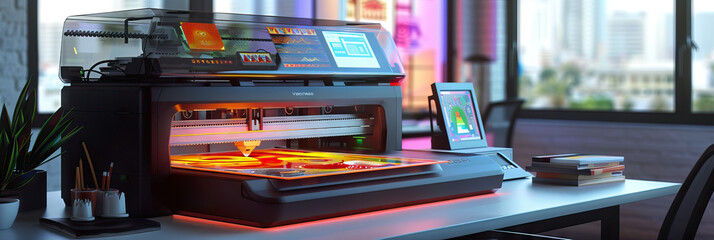 Wall Mural - A futuristic laser printer, showcasing its capabilities with a display of colorful, intricate prints.