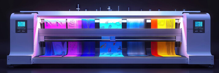 Wall Mural - A futuristic laser printer, showcasing its capabilities with a display of colorful, intricate prints.
