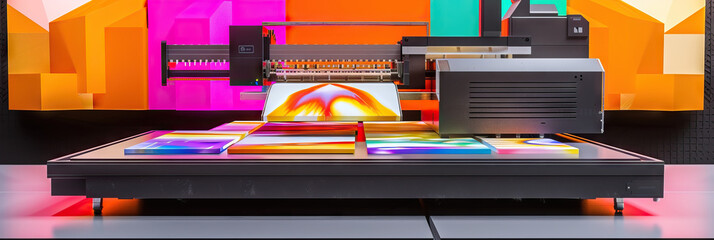 Wall Mural - A futuristic laser printer, showcasing its capabilities with a display of colorful, intricate prints.