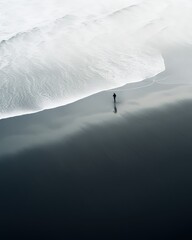 Canvas Print - A person walking on a black sand beach with white waves.