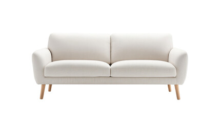 A minimalist modern sofa with clean lines, upholstered in soft, neutral-toned fabric, featuring simple wooden legs, designed for comfort and elegance isolated on transparency background PNG