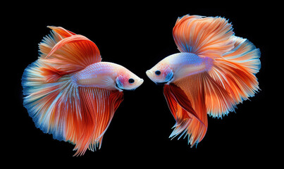 Beautiful movement of Fullmoon betta fish, Two Fancy Fullmoon Betta, The moving moment beautiful of Siamese Fighting fish, Betta splendens, Rhythmic of Betta fish isolated on black background