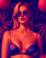 Wall Mural - A woman with a bikini on and sunglasses on her face. The background is purple and there are two balloons in the background