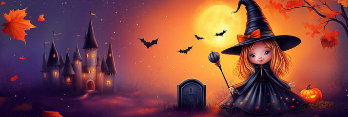 banner of halloween festival : cute witch ,witch hat,witch's wand,witch castle, orange moon ,maple l