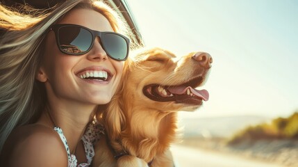 Wall Mural - Smiling woman wearing sunglasses, with her dog by her side, both leaning out of a car window and feeling the wind in their hair and fur, against a backdrop of a bright, sunny day