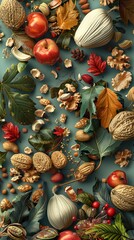 Canvas Print - Autumn Still Life: Apples, Walnuts, and Leaves