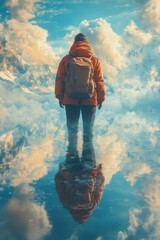 Wall Mural - Person standing in the water with a backpack, travel concept, vertical background