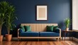 © Danish - Interior mockup In a white room a blue sofa is placed next to a photo frame on the wall