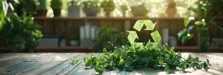 Wall Mural - The green recycle symbol, composed of leaves, sits on a wooden surface in a brightly lit office, representing the harmony between sustainable practices and modern work environments.