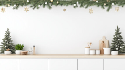 Modern kitchen decorated for Christmas, with Christmas decorations around the room, white walls, simple and clean, wooden floor, photographed at a 45 degree angle, high resolution,