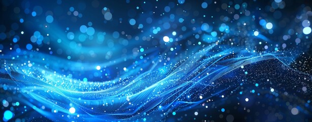 Wall Mural - Dynamic blue waves illuminated by shimmering light effects, perfect for backgrounds and abstract designs.