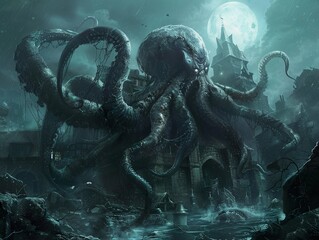 Canvas Print - A Giant Octopus Monster Attacks a City Under a Full Moon