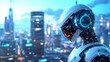 © Irina Ukrainets - A futuristic robot stands against a vibrant city skyline filled with towering buildings. The design showcases sleek materials and glowing elements.