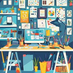 Wall Mural - creative workspace illustration designer desk workspace with computer graphics tablet and art suppli