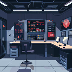 Wall Mural - empty futuristic control room monitoring center workstation desk computer screen digital interface s
