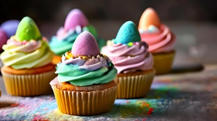 Sticker -  Deliciously colorful cupcakes ready to be enjoyed