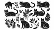 © Maciej - Cats linocut with botanical plant, black silhouette line style. Hand drawn sketch of stylized for print. Ai generative