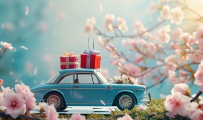 Still life concept with blue retro car with gift box on a roof with flowers on light background