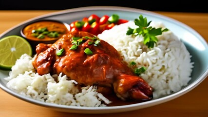 Poster -  Delicious Asian meal with chicken rice and vegetables