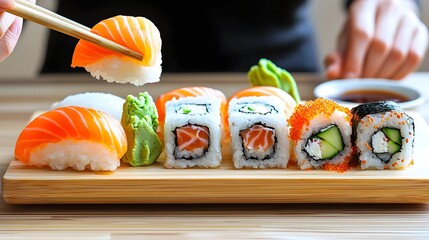 Delicious sushi platter with colorful salmon and fresh vegetables, perfect for an appetizing meal or culinary photography.