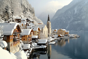 Poster - A picturesque winter scene of Hallstatt, Austria's most famous village nestled along the crystal-clear lake in snow-covered mountains