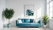 © Danish - Interior mockup In a white room a blue sofa is placed next to a photo frame on the wall