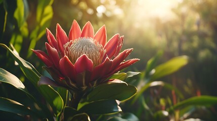 Red Protea Flower Blooming in Sunlight