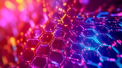 Wall Mural - a vibrant and colorful hexagonal pattern glows in neon hues. this digital design evokes a sense of t