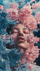 Poster - Dreamlike Portrait of a Woman Surrounded by Flowers and Water