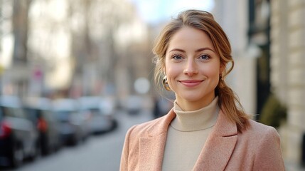 Poster - Young happy and confident professional businesswoman standing outdoors on the street, looking at the camera