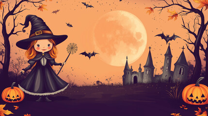 Wall Mural - Halloween Festival : Cute witch ,witch hat,witch's wand,witch castle, orange moon ,maple leaf ,spider web , grave with copy space on gradient pink and purple background.