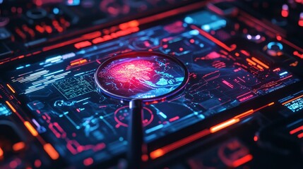 Wall Mural - a close-up view of a futuristic interface with glowing elements. a magnifying glass highlights the i