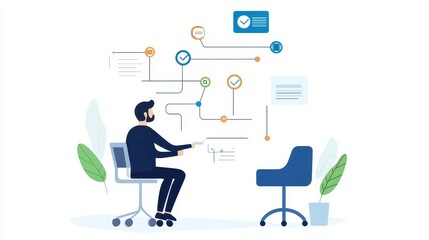 Fototapete - Vector illustration of a man working on a computer, interacting with data flow, connected icons, greenery in a modern office setup.
