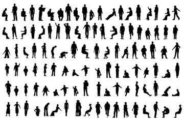 set with people silhouettes in different positions isolated on white background. men, women and chil