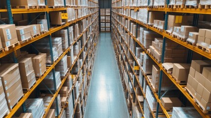 Poster - Spacious warehouse interior with tall shelves stocked with numerous boxes and packages, highlighting storage and logistics solutions.