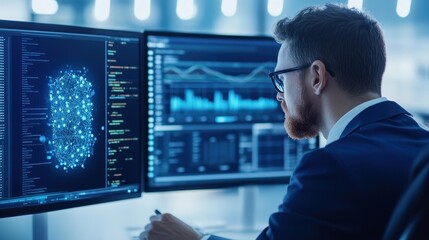Poster - Professional analyzing data on multiple monitors in a high-tech office environment.