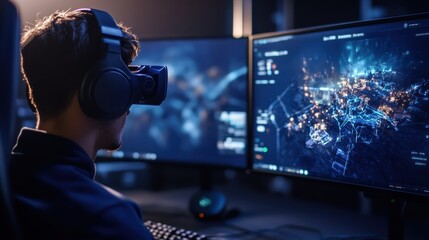 Aufkleber - Person wearing VR headset immersed in a virtual world in front of multiple computer screens displaying data and futuristic graphics.