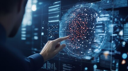 Fototapete - Person interacting with a digital interface, visualizing data and network connections, symbolizing technology and innovation.