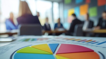 Aufkleber - Colorful pie chart in the foreground with blurred business meeting in the background